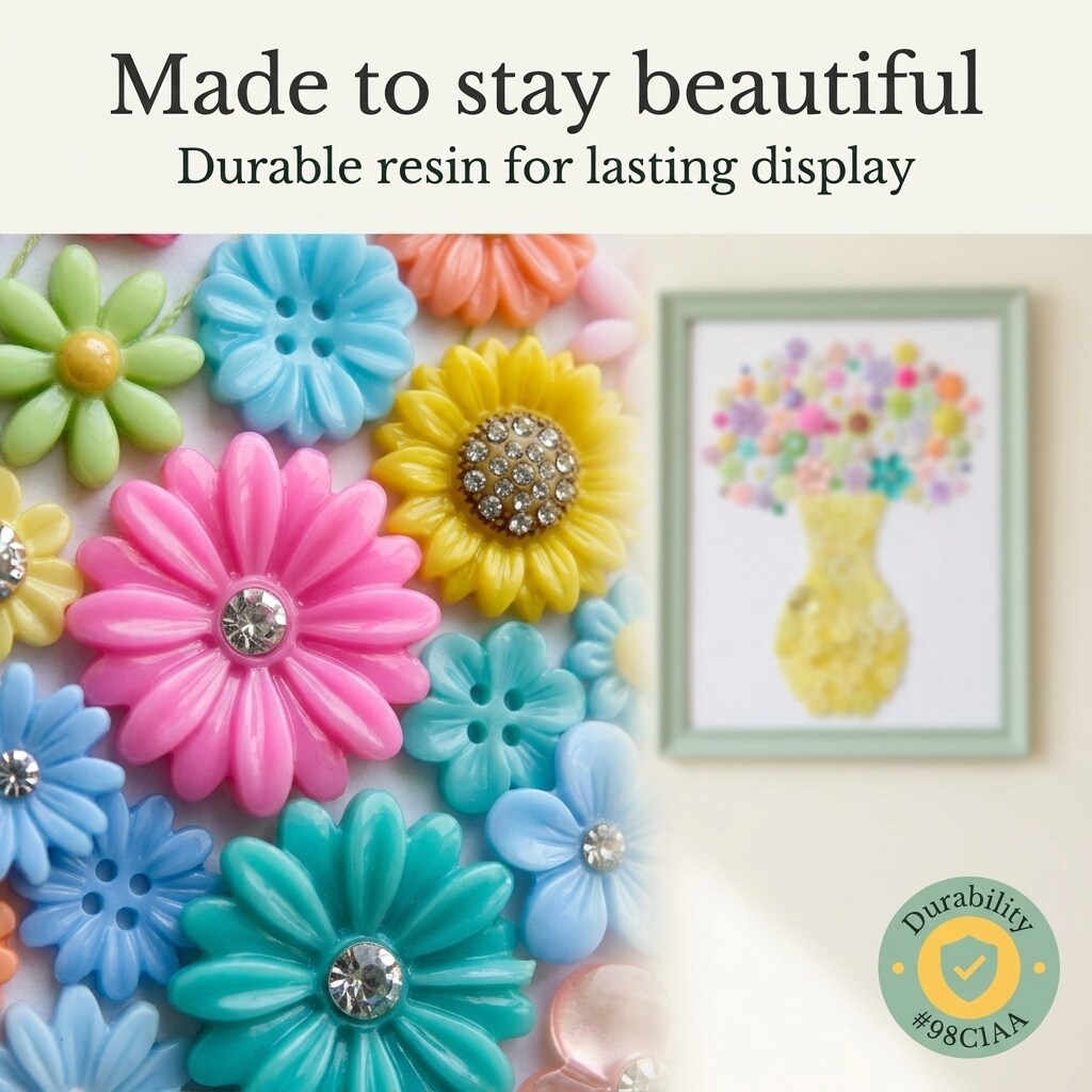 Flower Button Art Bundle | 75+ Assorted Flower Buttons + Yellow Fillers | Craft & DIY Decor Kit (8” x 10” Frame Size)