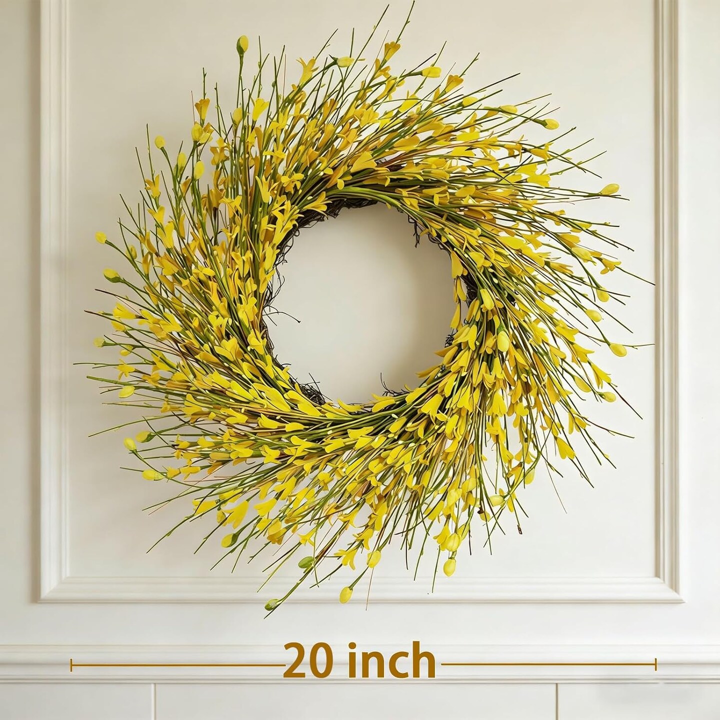 Spring Wreaths for Front Door, 20" Artificial Forsythia Spring Wreath with Yellow Flowers & Green Leaves – All Season Floral Wreath for Door, Wall, Window, Wedding & Farmhouse Decor