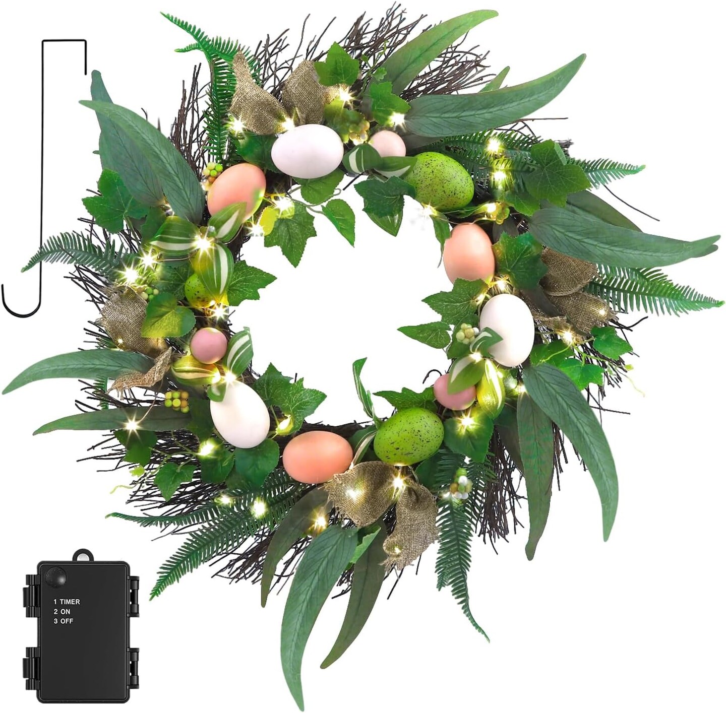 20 Inchs Easter Wreath for Front Door, Decor with Easter Eggs, Fabric Strips, Come with Hanger/Hook, 50LED Lights, Timer, for Outdoor Indoor Wall Window, for Spring Summer Hoilday, Gift