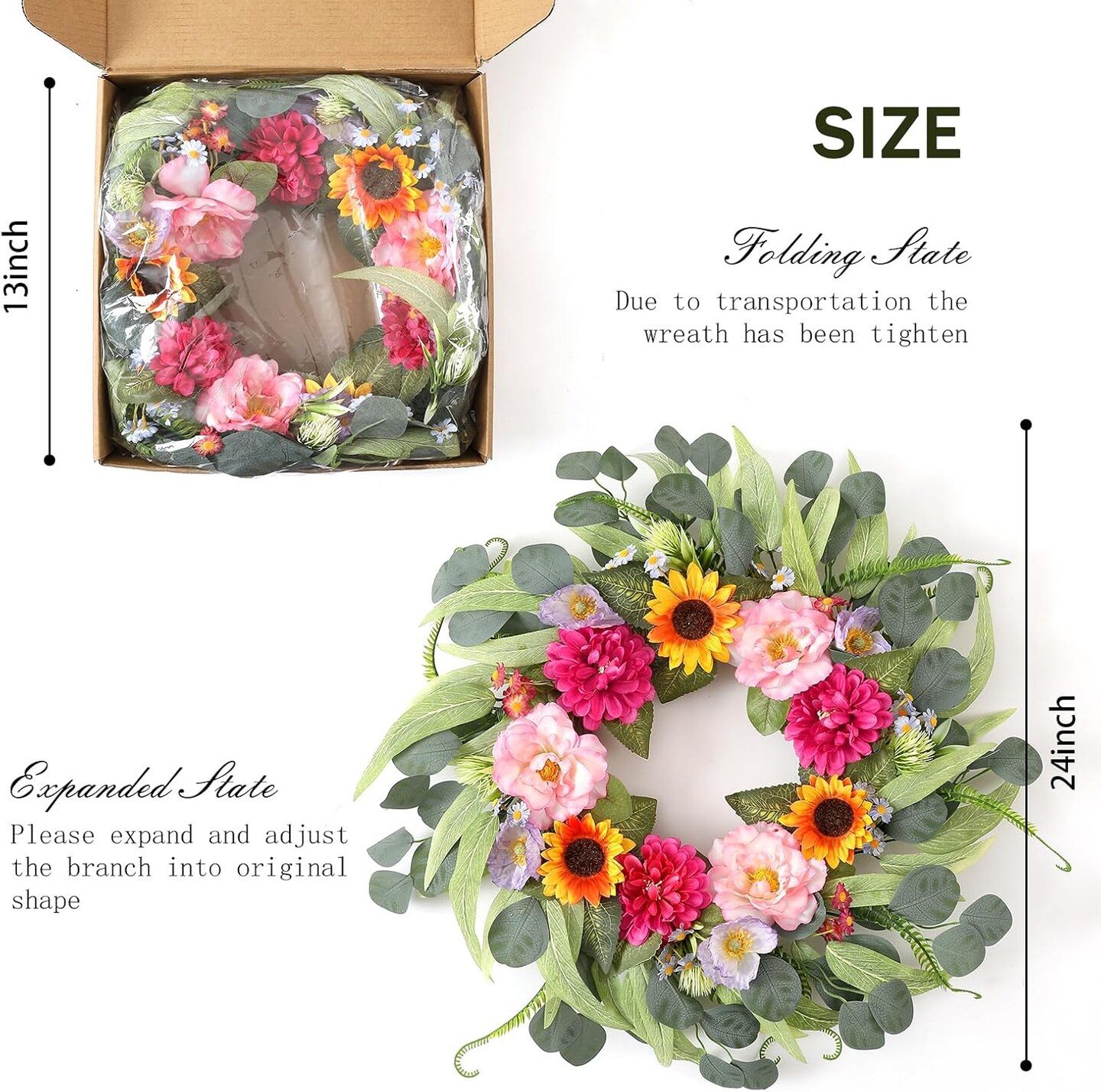 24-Inch Artificial Peony, Dahlia & Sunflower Spring Wreath – Front Door Floral Wreath with Poppy, Chamomile & Eucalyptus for Indoor/Outdoor Farmhouse Home Decor