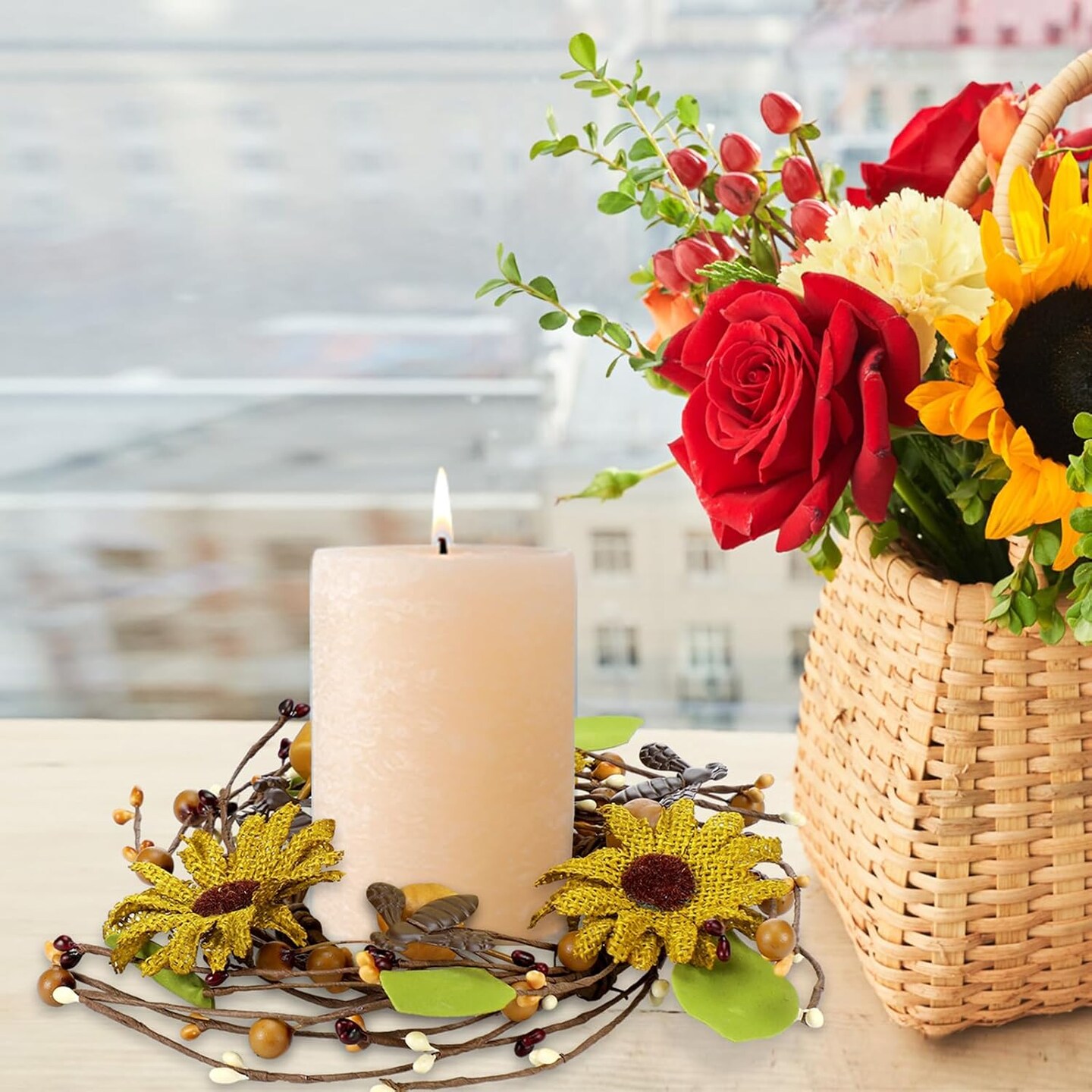 2 Pcs Retro Spring Sunflower Candle Wreaths – 6-Inch Candle Rings with Sunflowers, Honeycomb Leaves & Pillar Decor for Indoor & Outdoor Tables, Holiday & Seasonal Centerpieces