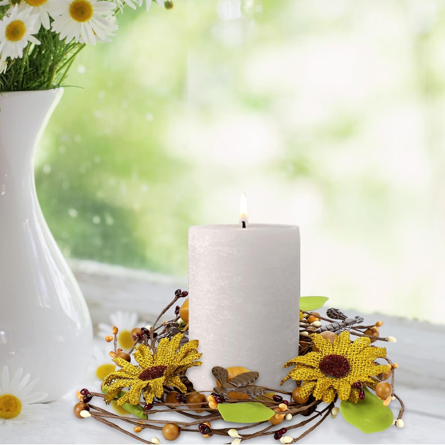 2 Pcs Retro Spring Sunflower Candle Wreaths – 6-Inch Candle Rings with Sunflowers, Honeycomb Leaves & Pillar Decor for Indoor & Outdoor Tables, Holiday & Seasonal Centerpieces