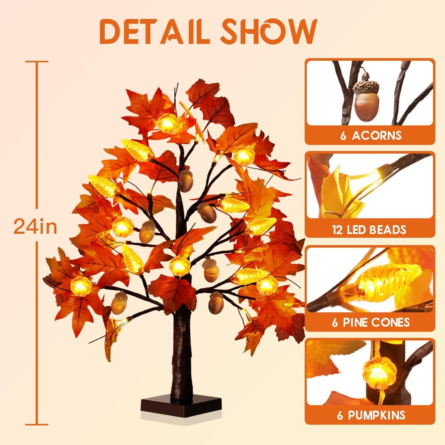 2 Pack Fall Lighted Maple Leaf Table Tree With 24 LED Lights (Orange)