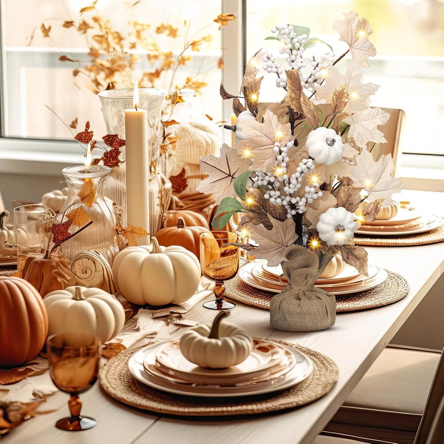 Lighted Maple Leaf Pumpkin Tree Tabletop Decor - 18 Inch