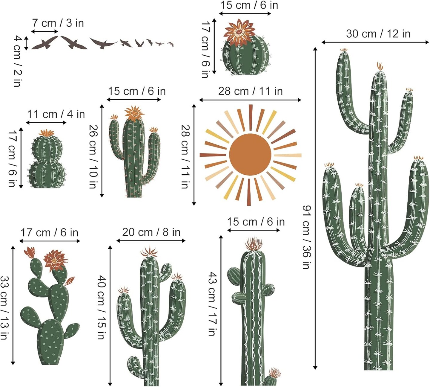 Boho Cactus Wall Art Decals Tropical Cacti Green Plants(Multicolor)