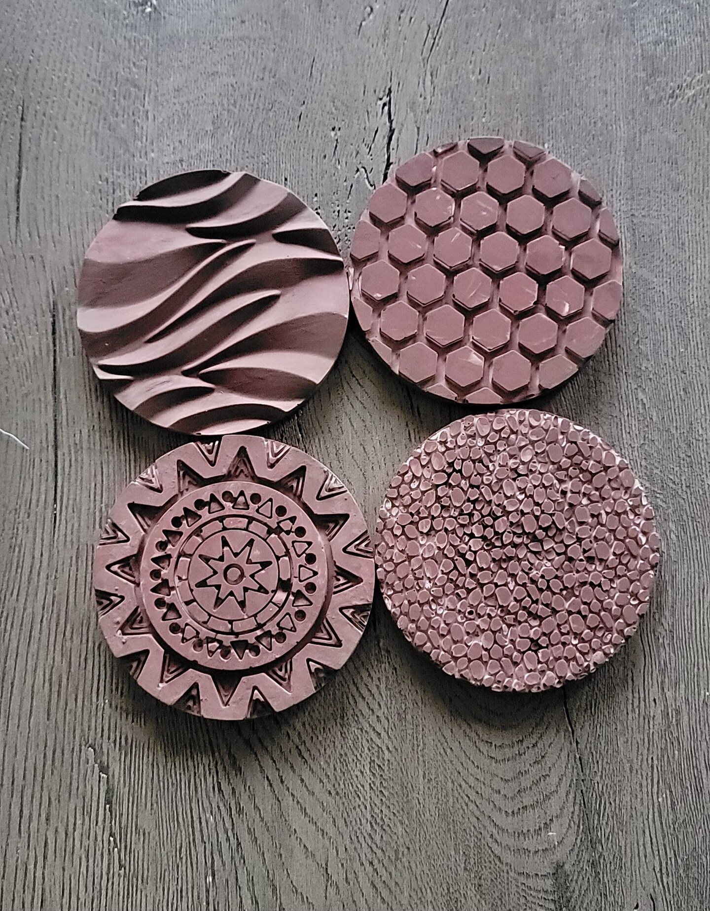 Set of 4 4-inch round coffee color coasters, unique designs ...