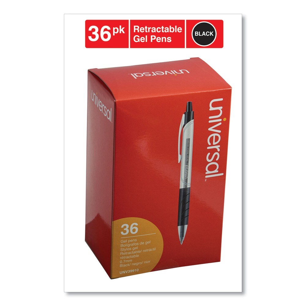 Universal 0.7 mm. Medium Comfort Grip Retractable Gel Pen - Black Ink, Clear/Black Barrel (36/Pack)