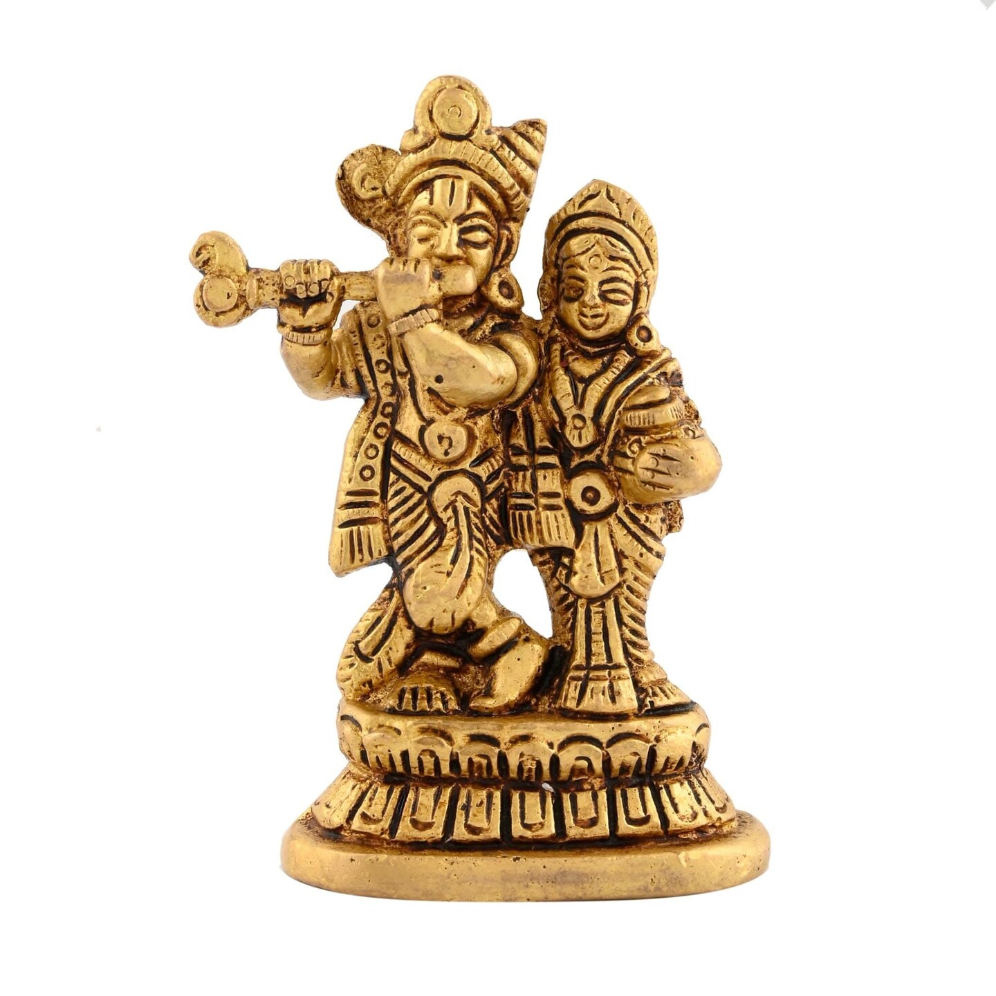 Brass Radha Krishna Statue Hindu God Religious Small Lord Krishna with Radha Rani Murti Idol - Sculpture for Home Temple Mandir Pooja Decor - Showpiece Housewarming Gift (3.5 Inches)