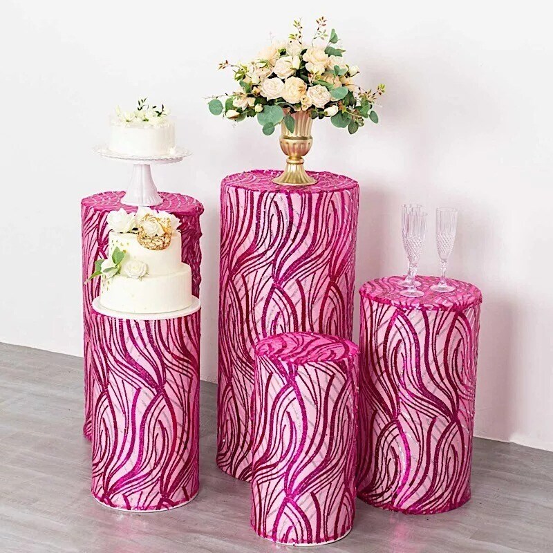 5 Mesh with Wavy Embroidered Sequins Cylinder Display Stand Covers Set Party