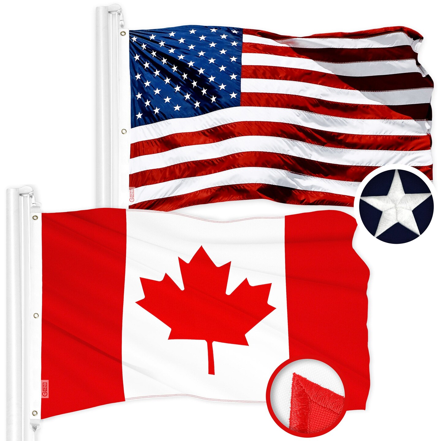 G128 Combo Pack: American USA Flag 5x8 Ft &#x26; Canada Canadian Flag 5x8 Ft | Both ToughWeave Series Embroidered 300D Polyester, Embroidered Design, Indoor/Outdoor, Brass Grommets