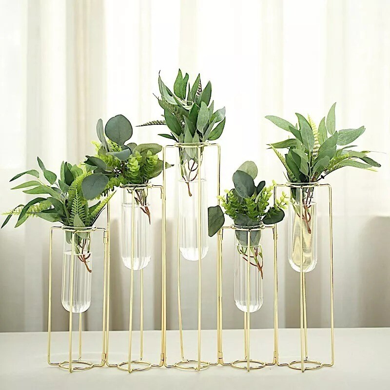 14" long Gold 5 Jointed Geometric Flower Vase Holders with Glass Test Tubes