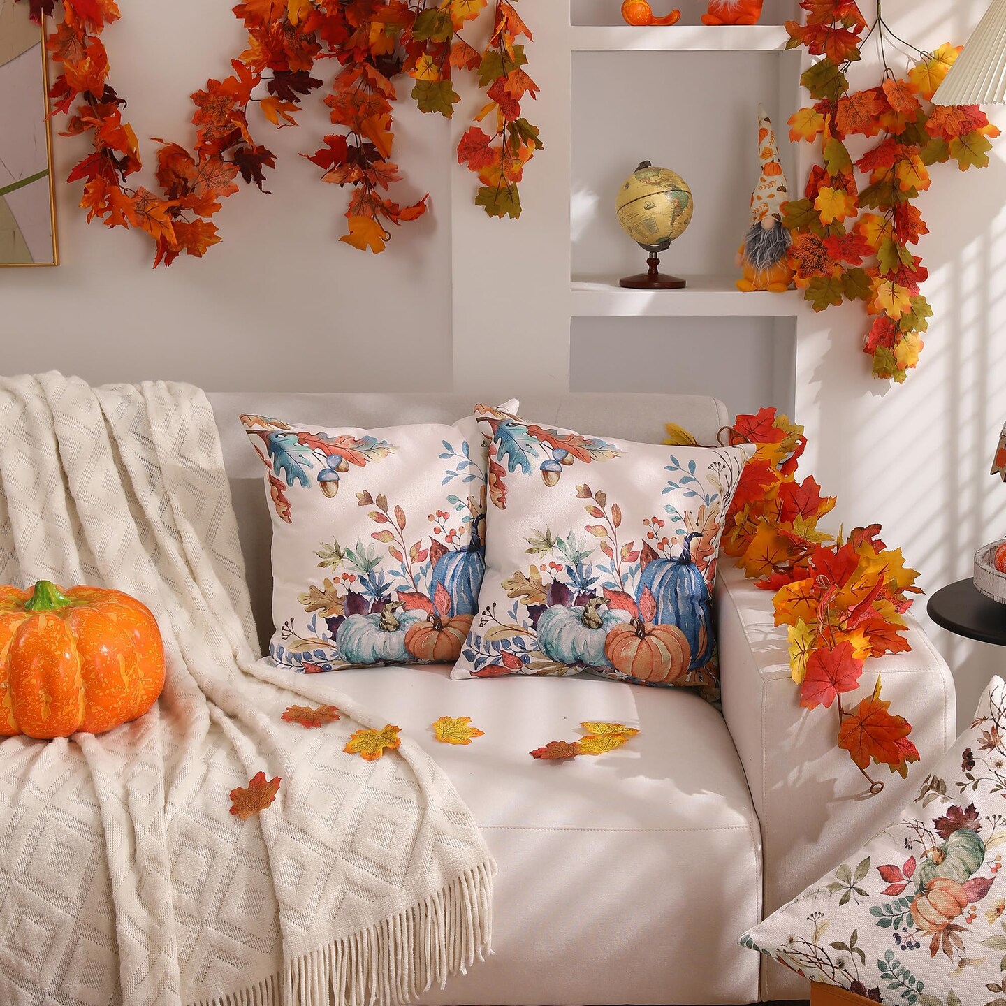 DFXSZ Fall Pillow Covers 18x18 inch Set of 2 Blue and Green Watercolor Pumpkin Fallen Leaves Decorative Throw Pillow Covers Autumn Thanksgiving Farmhouse Decoration for Home Couch TH27-E18