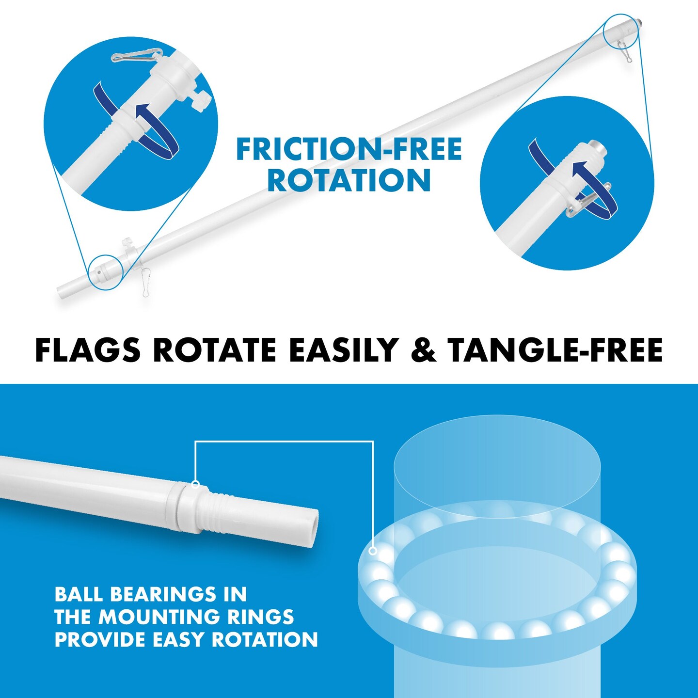 G128 6 Ft Tangle Free Aluminum Spinning Flagpole (White)