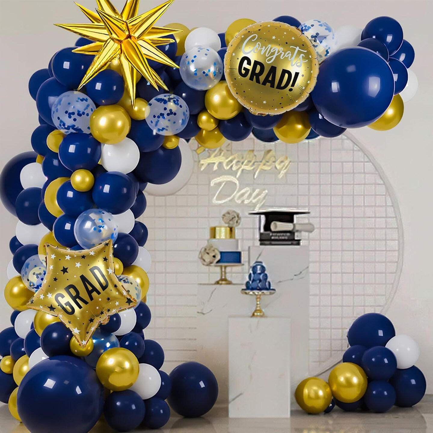 2026 Graduation Balloon Arch Garland Kit, 18" 10" 5" Navy Blue Gold White Balloons for Congrats Grad Decorations College High School Class of 2026 Party Supplies