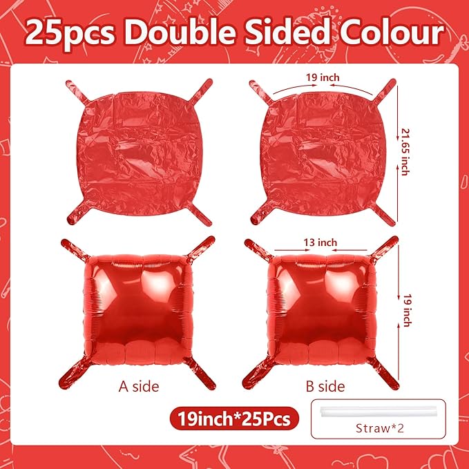 25PCS Red Square Foil Balloons Wall Backdrop Metallic Double Sided Red Christmas Balloon Tunnel Arch Kit for Christmas Birthday Baby Shower Valentine‘s Day Party Decoration