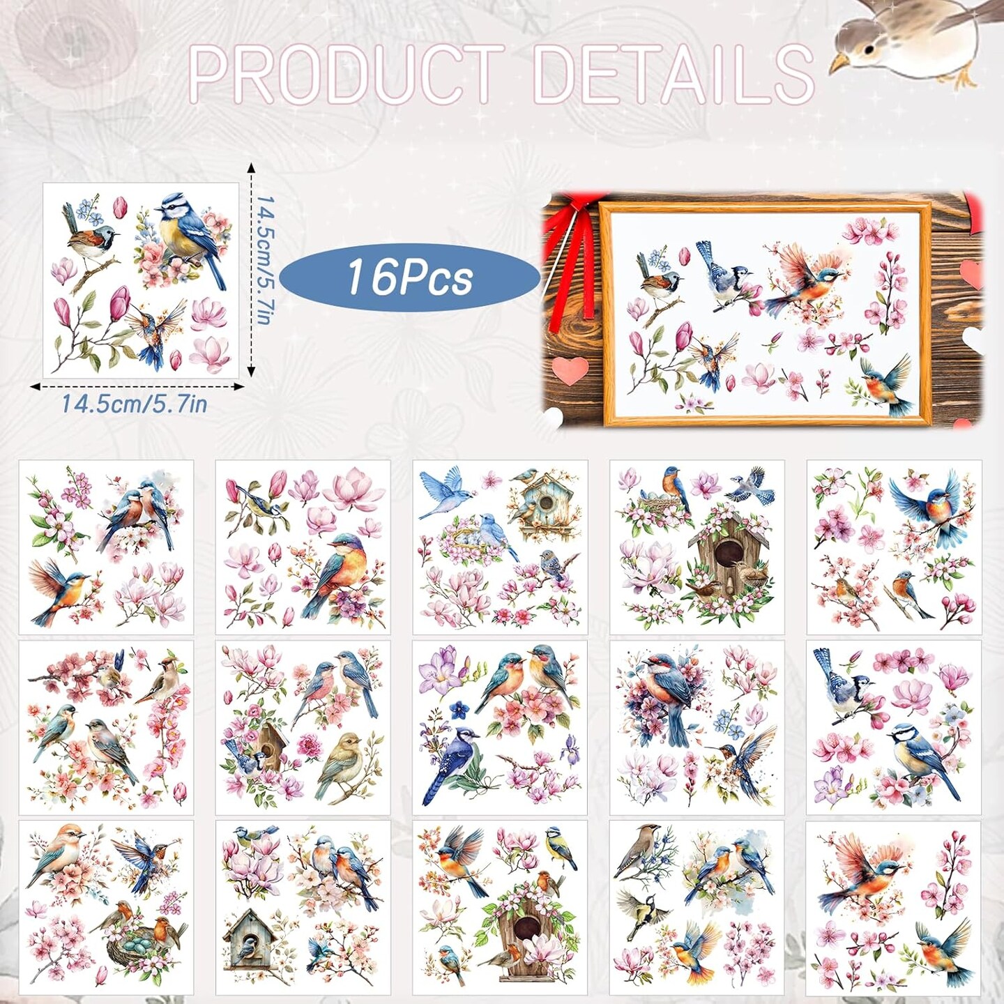Spring Rub on Transfers for Crafts - 16 Sheets Flower Birds Furniture Decals, Vintage Watercolor Floral Rub on Transfer Stickers for Wood, DIY Home Office Decor 5.7x5.7 Inch