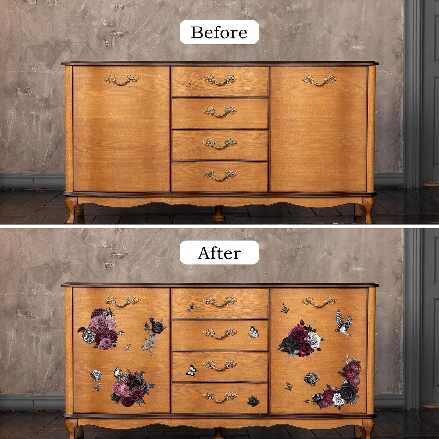 Black and Purple Floral Rub On Transfers for Furniture and Crafts