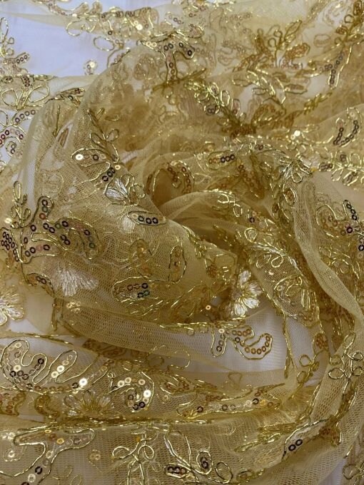 1 Yard Gold Corded Sequin Lace Mesh Fabric with Scalloped Edge 54&#x201D; Wide