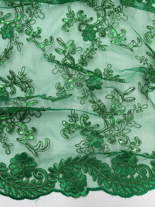 1 Yard Kelly Green Corded Sequin Lace Mesh Fabric with Double Scalloped Edge 54&#x201D; Wide