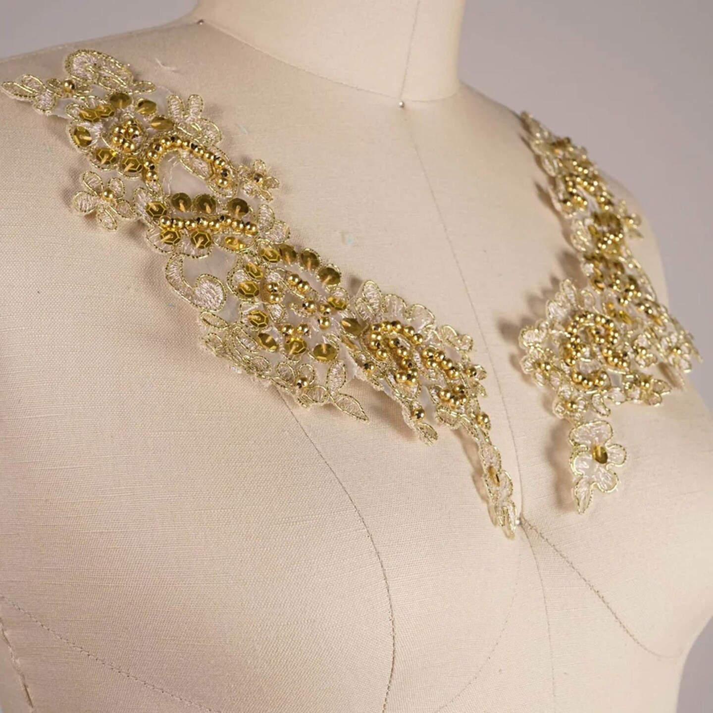 2 Pieces Gold Beaded Applique with Antique Embroidery for Dresses or Dance Costumes