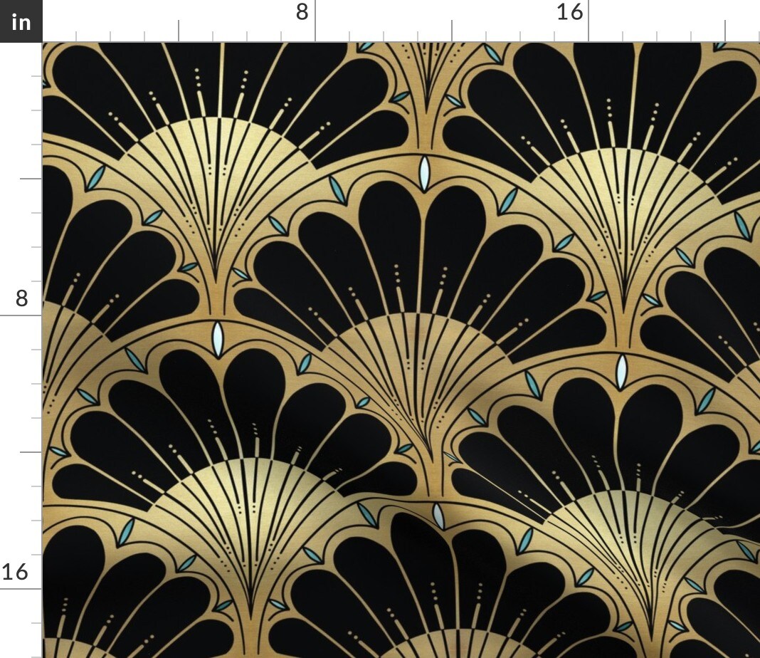 Bold Geometric Black Beige Pale Blue Elegant Scallops 1920S Fan Custom Printed Fabric by Spoonflower Various Fabrics by the Yard or Fat Quarter