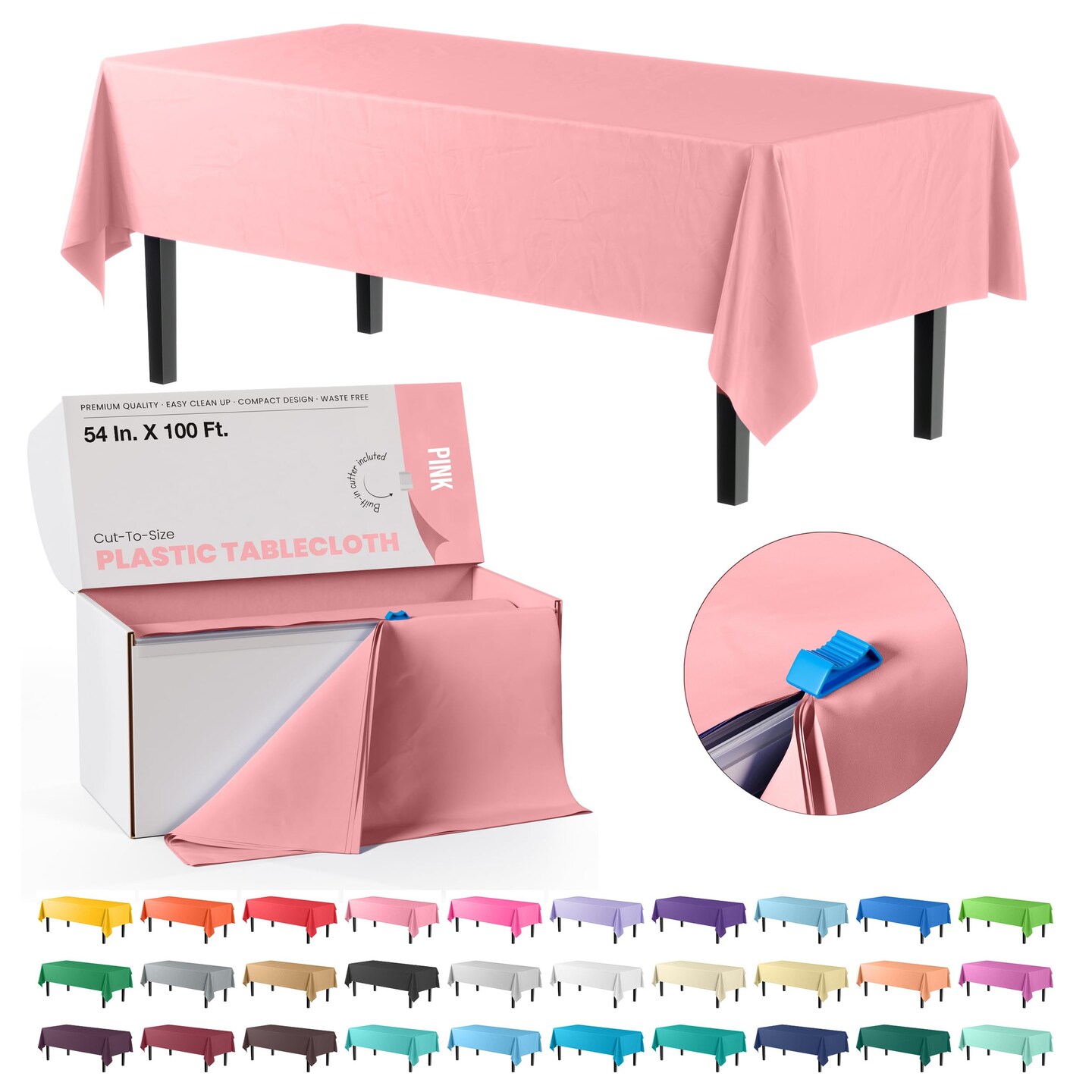 Exquisite Party Solids 54&#x22; x 100&#x27; Plastic Table Cover Roll with Slide Cutter &#x2013; Cut-to-Size Dispenser Box &#x2013; Makes Up to 36 Disposable 8&#x27; Rectangle Tablecloths