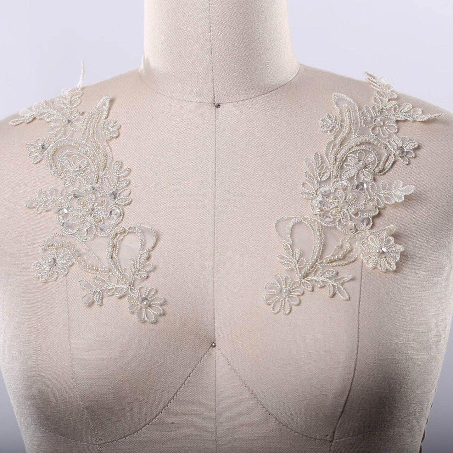 2 Pieces Beige Sequin Beaded Lace Applique Pair Alencon Lace Embellishment for Gown