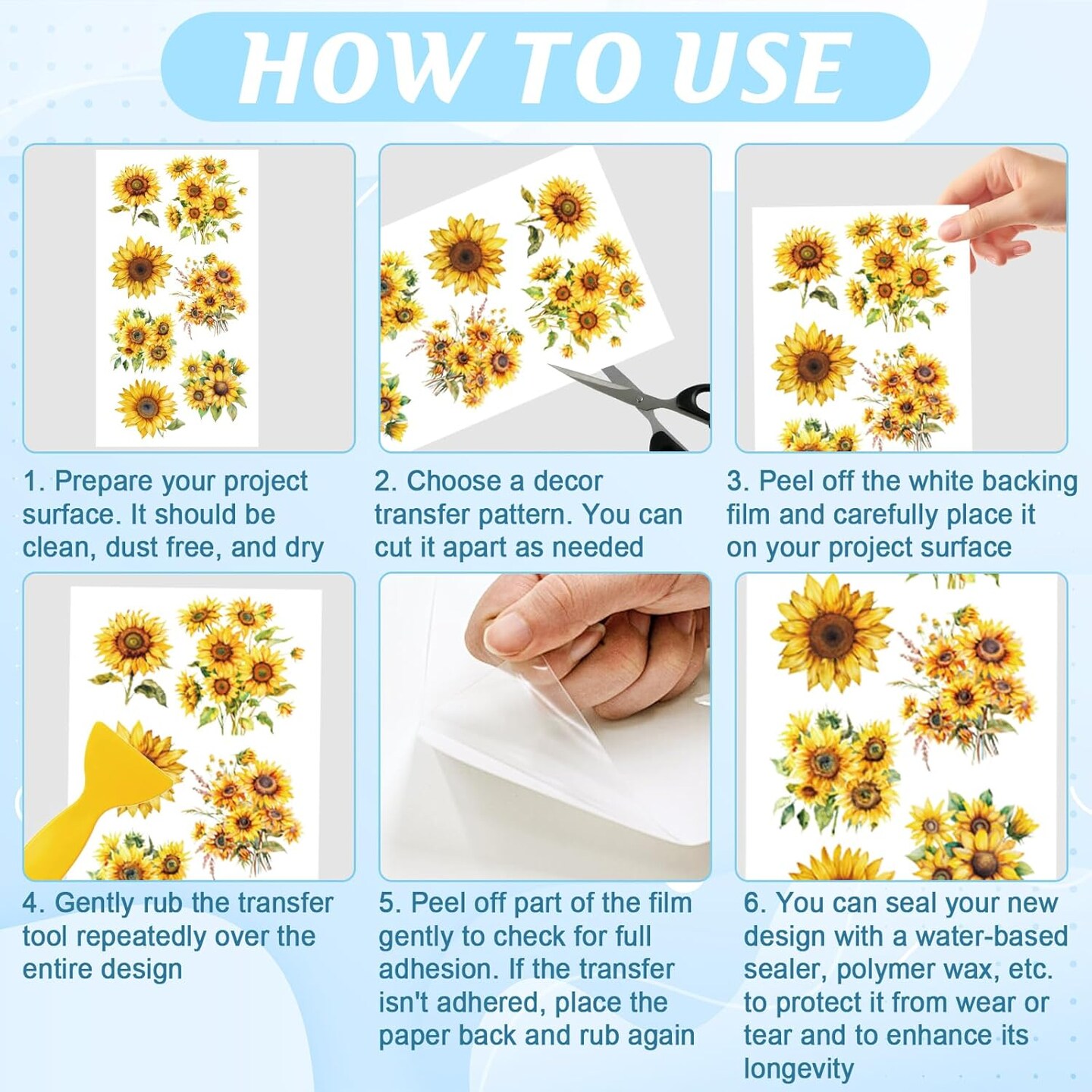 3 Sheets Sunflowers Rub on Transfers for Crafts and Furniture (Colorful) 0.1 x 2.36 x 0.1 inches