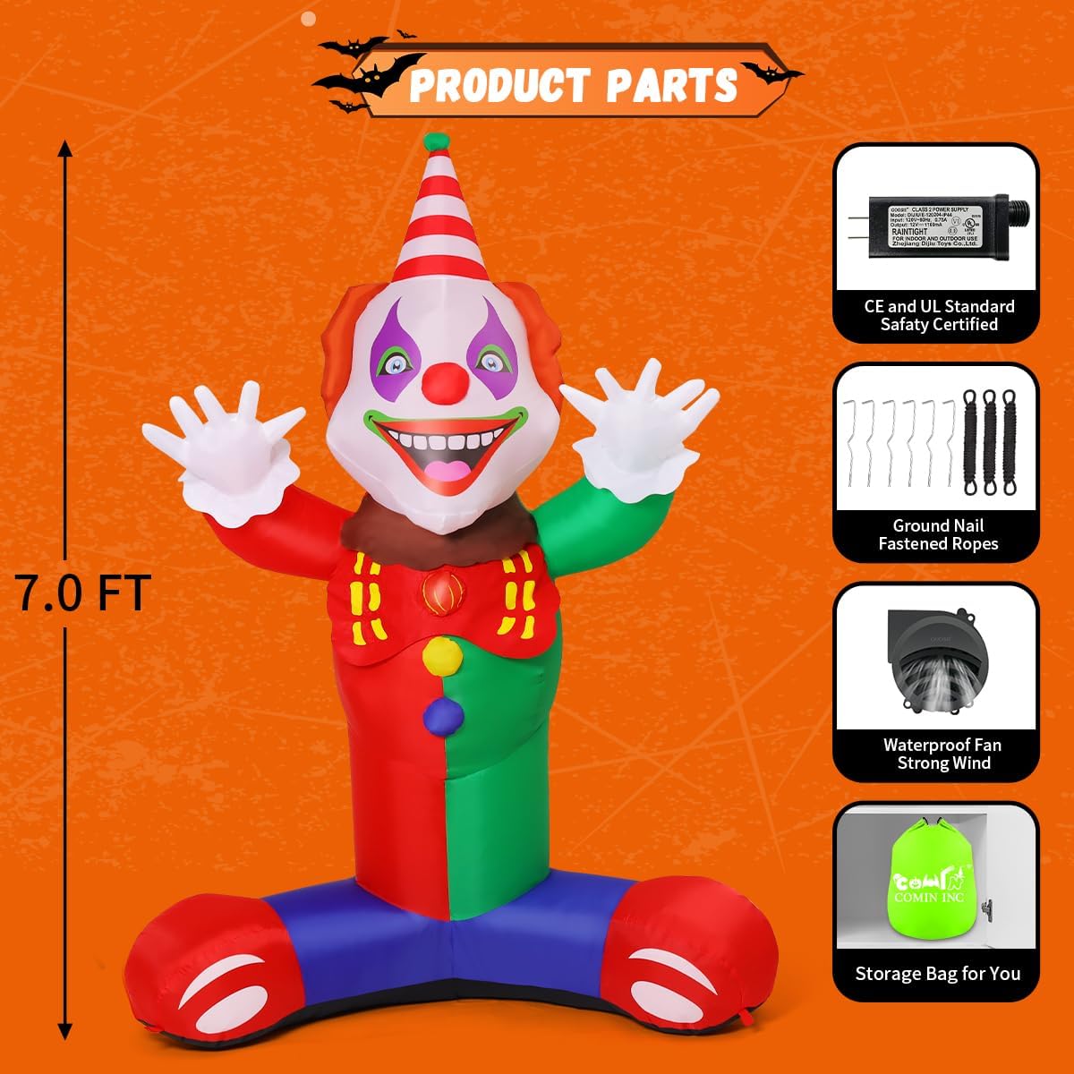 GOOSH 7 FT Halloween Inflatables Laugh Clown Blow Up Yard Decoration with Built-in LEDs
