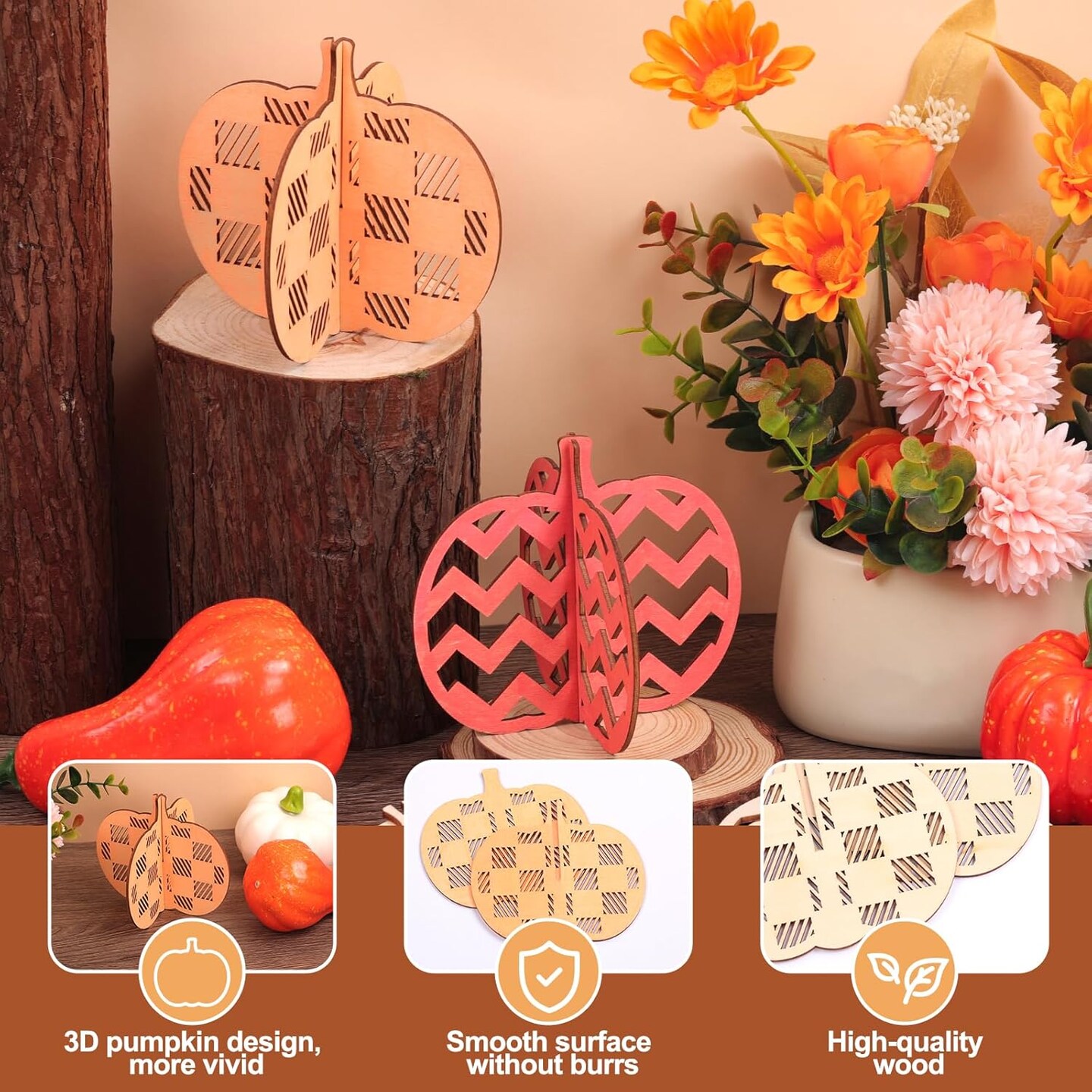 12Set 3D Pumpkin Wood Crafts to Paint, Thanksgiving Pumpkin Wood DIY