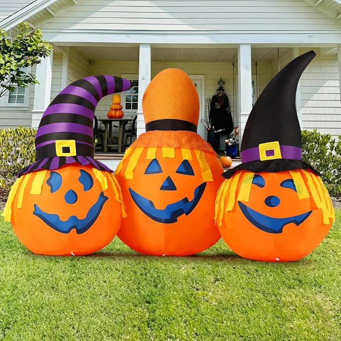 GOOSH 6.5 FT Halloween Inflatables Pumpkin Combo with Wizard hat Blow Up Yard Decoration with LED Lights Built-in