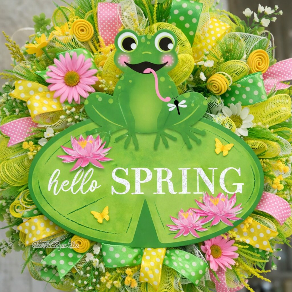 Frog 12" "Hello Spring" Wooden Door Hanger Sign - For Wreath Accents, Crafts and Wall Decorations