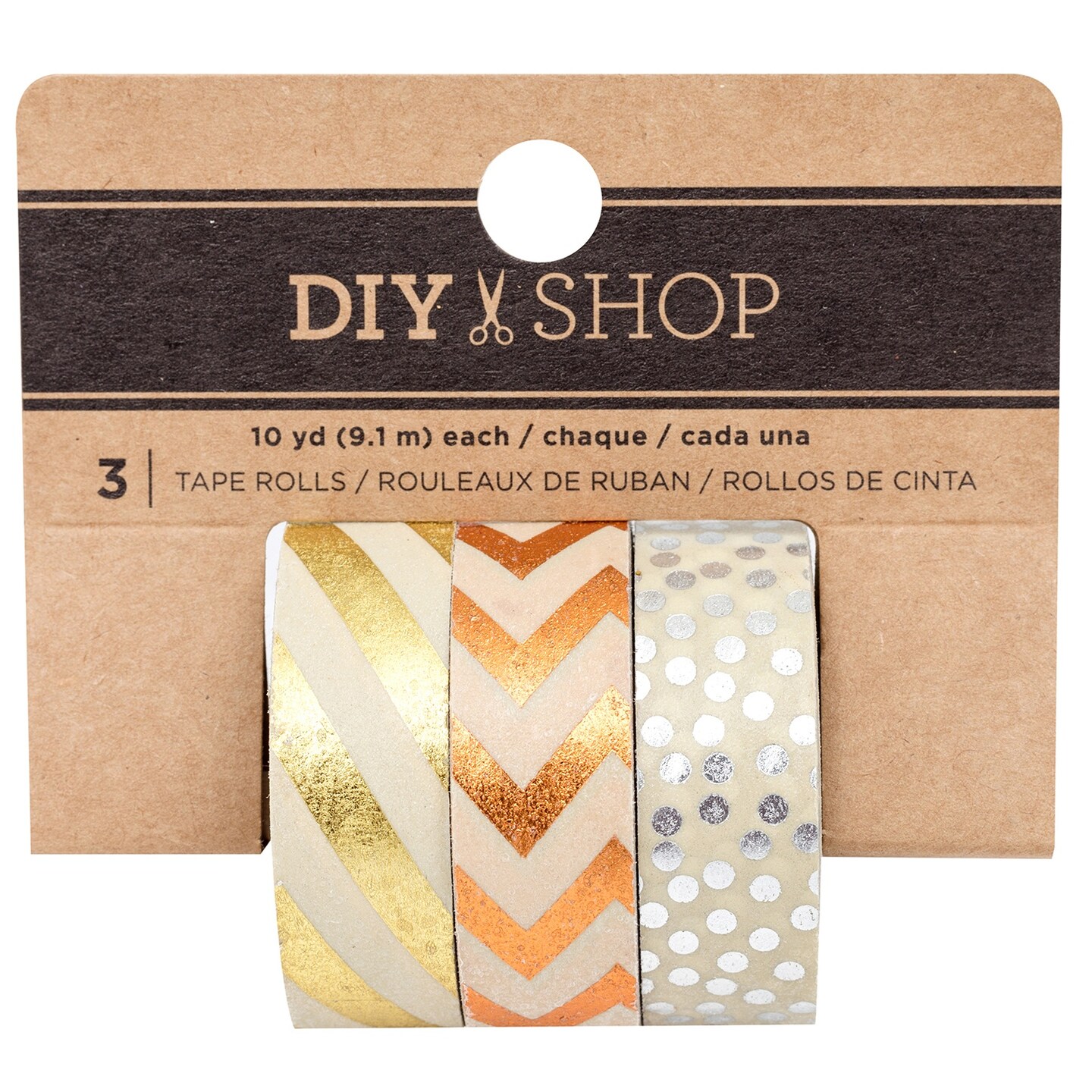 American Crafts DIY Shop Metallic Tape 10yd 3/Pkg-Gold, Copper & Silver Accents