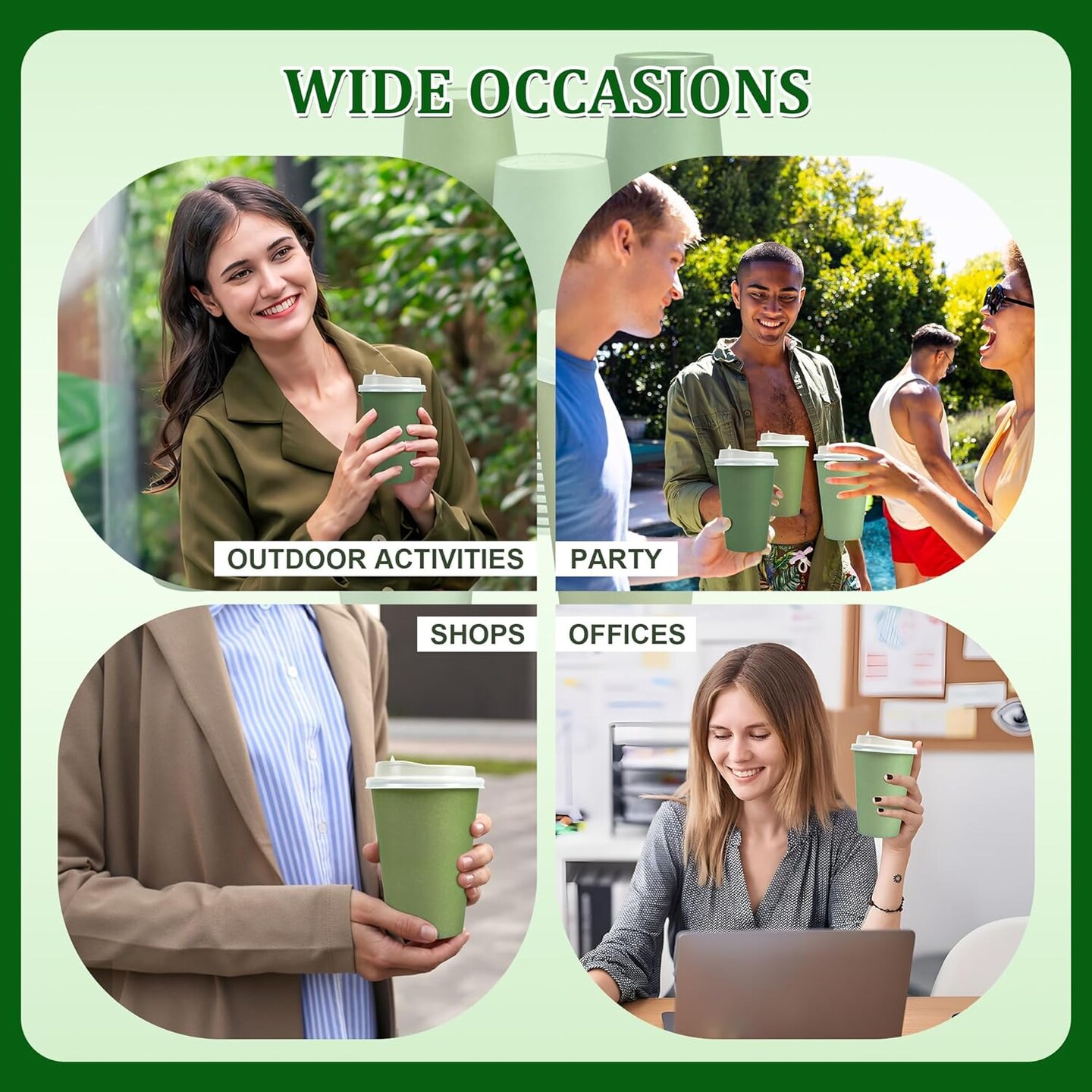 80 Pcs 12 oz Sage Green Paper Cups Disposable Coffee Cups with Lids Green Gradient Paper Cup Baby Shower Cups Green Cups for Hot and Cold Beverage Water Juice Coffee Tea Party Wedding Supplies