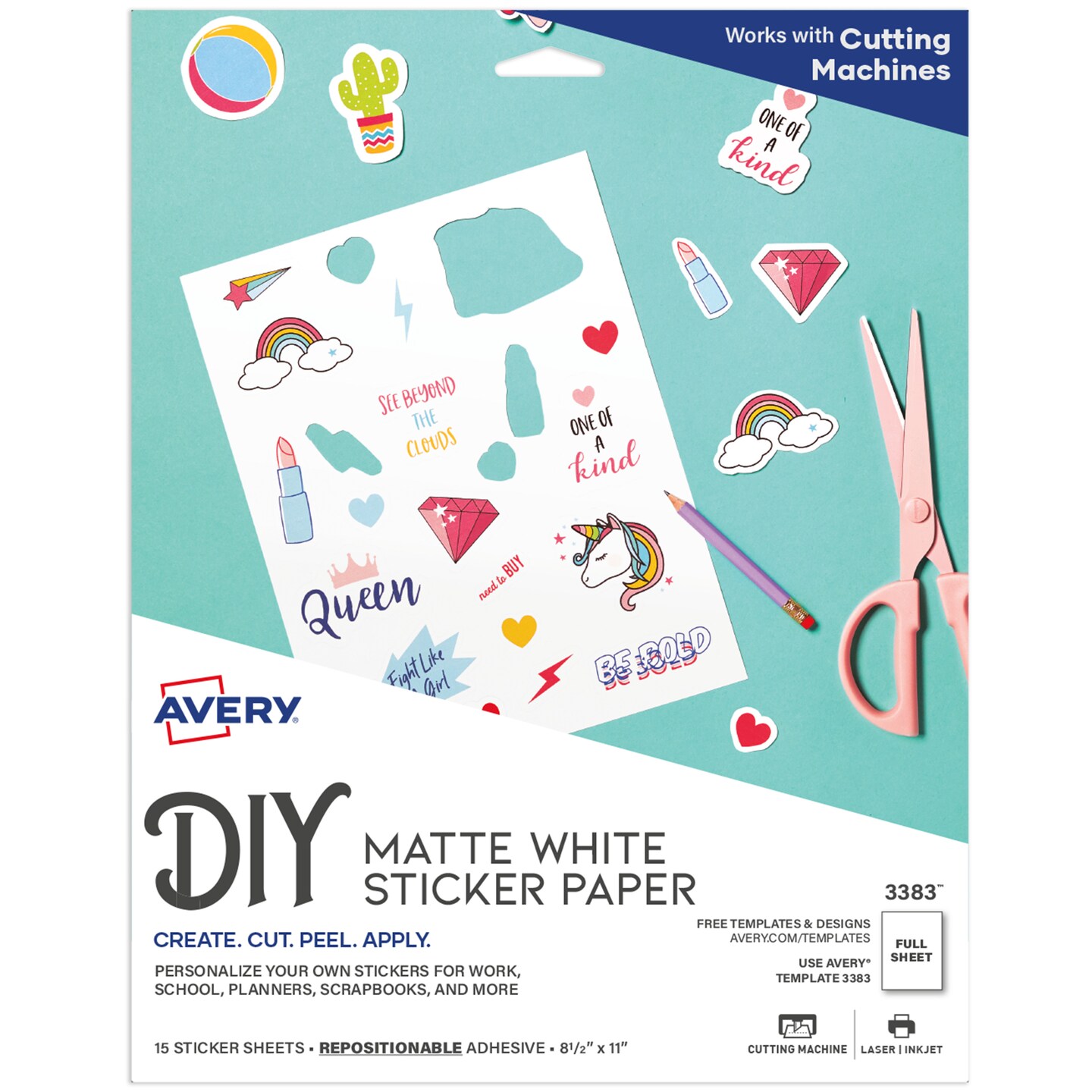 Avery Printable Sticker Paper, 8.5&#x22; x 11&#x22;, Matte White, Repositionable Adhesive, Laser &#x26; Inkjet Compatible, 15 Full-Size Label Sheets (3383)