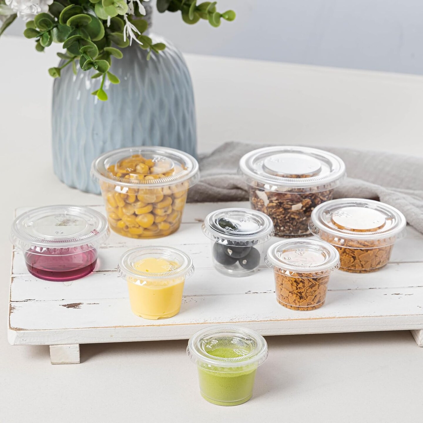 300Pack 4oz Disposable Plastic Portion Cups with Lids, Small Mini Sauce Cups for Portion Control, Salad Dressing Cups