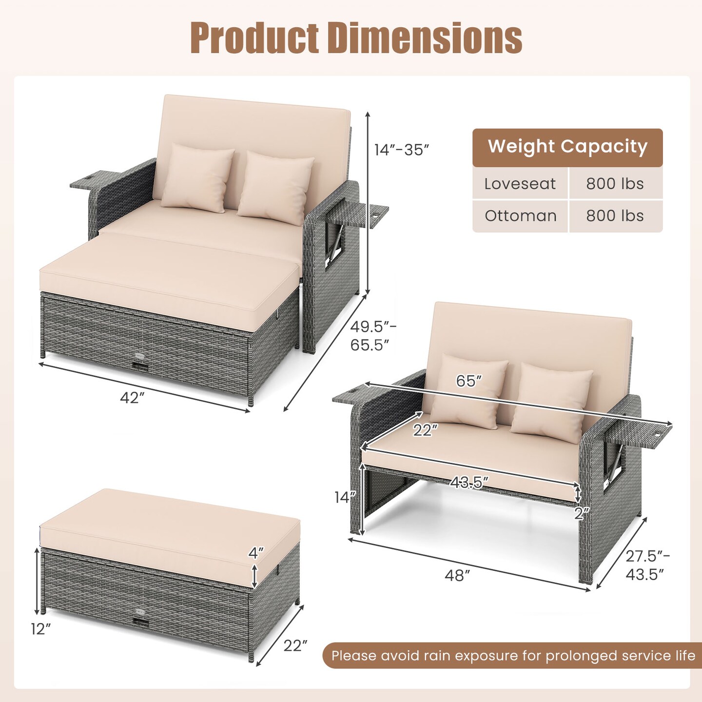 Outdoor Wicker Loveseat with Adjustable Backrest and Storage Ottoman