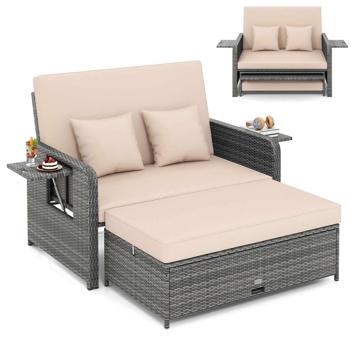 Outdoor Wicker Loveseat with Adjustable Backrest and Storage Ottoman