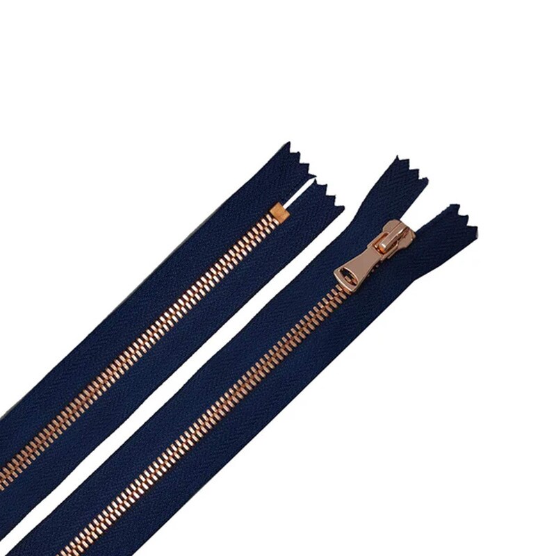 5MM Closed Bottom Zipper Navy Tape Rose Gold Teeth 7 Inches