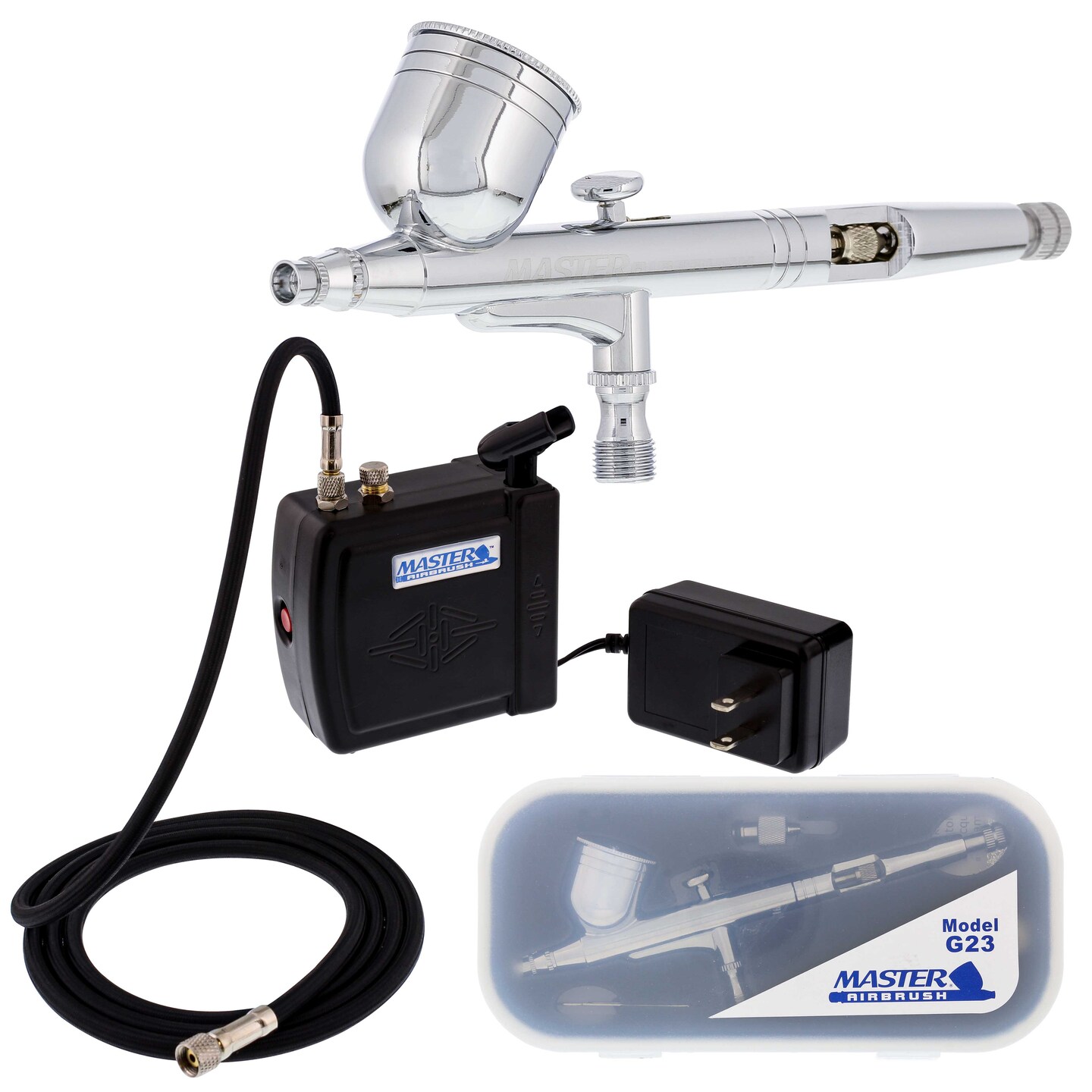 Master Performance G23 Airbrush Kit with Master Black Mini Portable Compressor C16-B &#x26; Air Hose