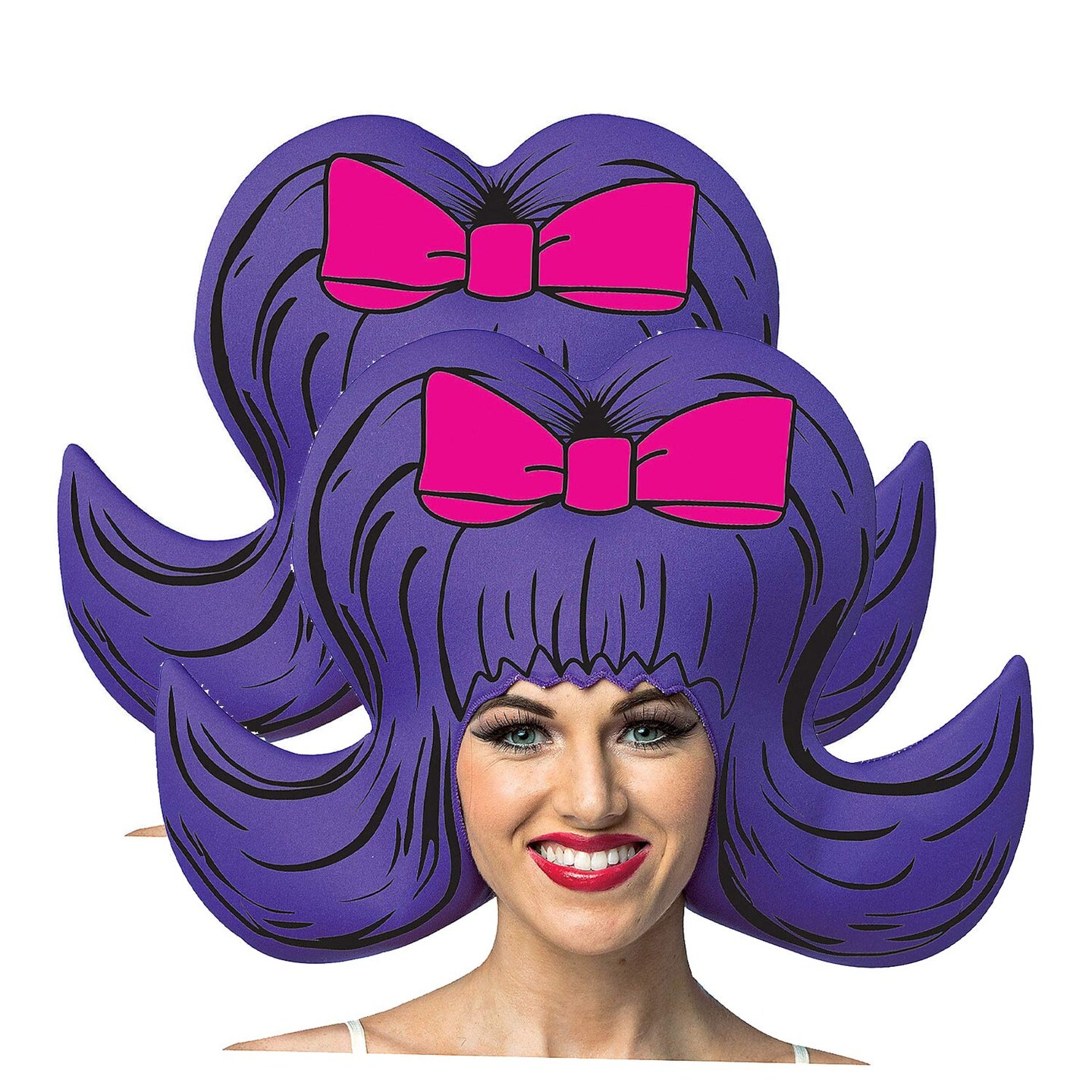 Bouffant Comic Wig Purple with Pink Bow