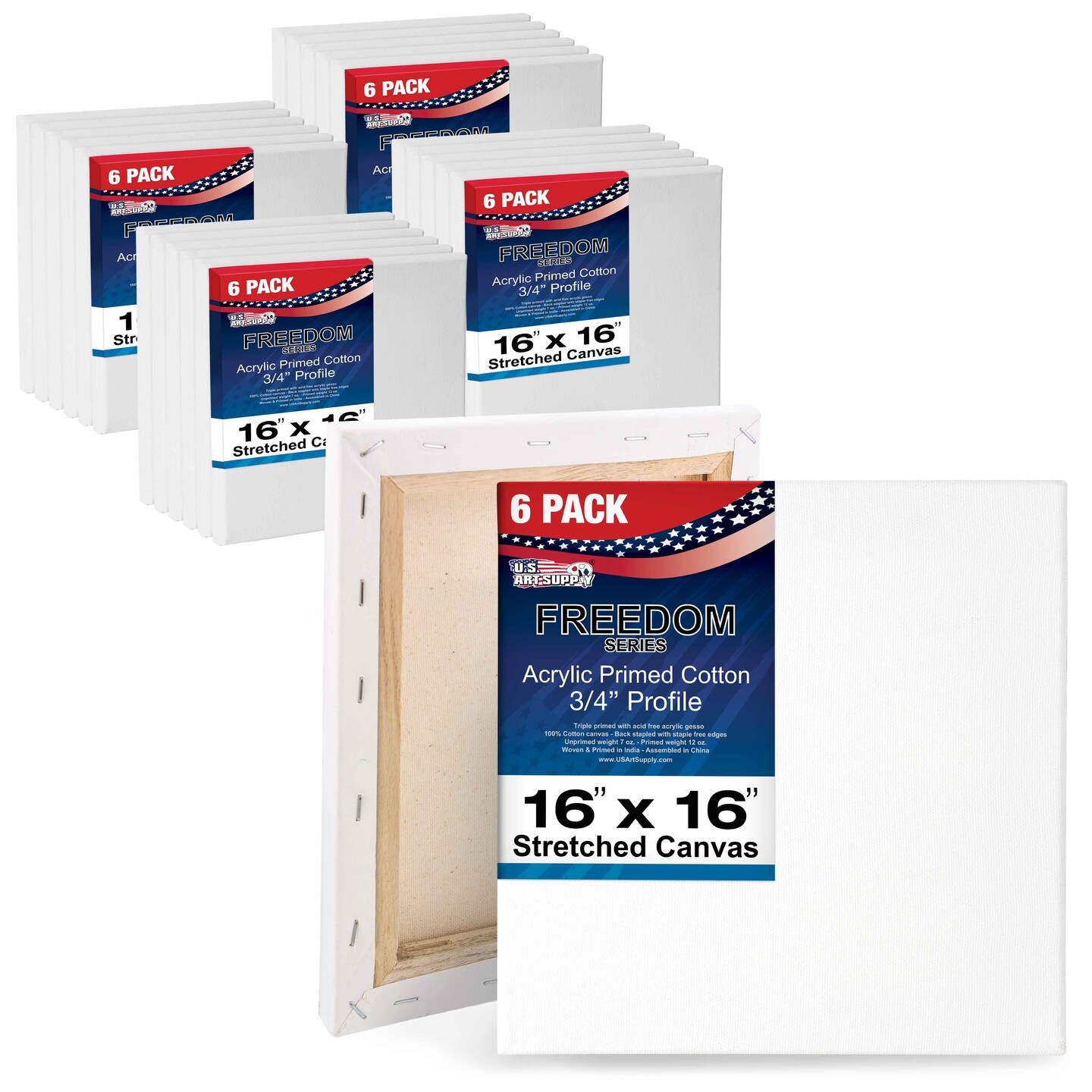 16 x 16 inch Stretched Canvas 12-Ounce Triple Primed, 24-Pack - Professional Artist Quality White Blank 3/4&#x22; Profile, 100% Cotton, Heavy-Weight Gesso
