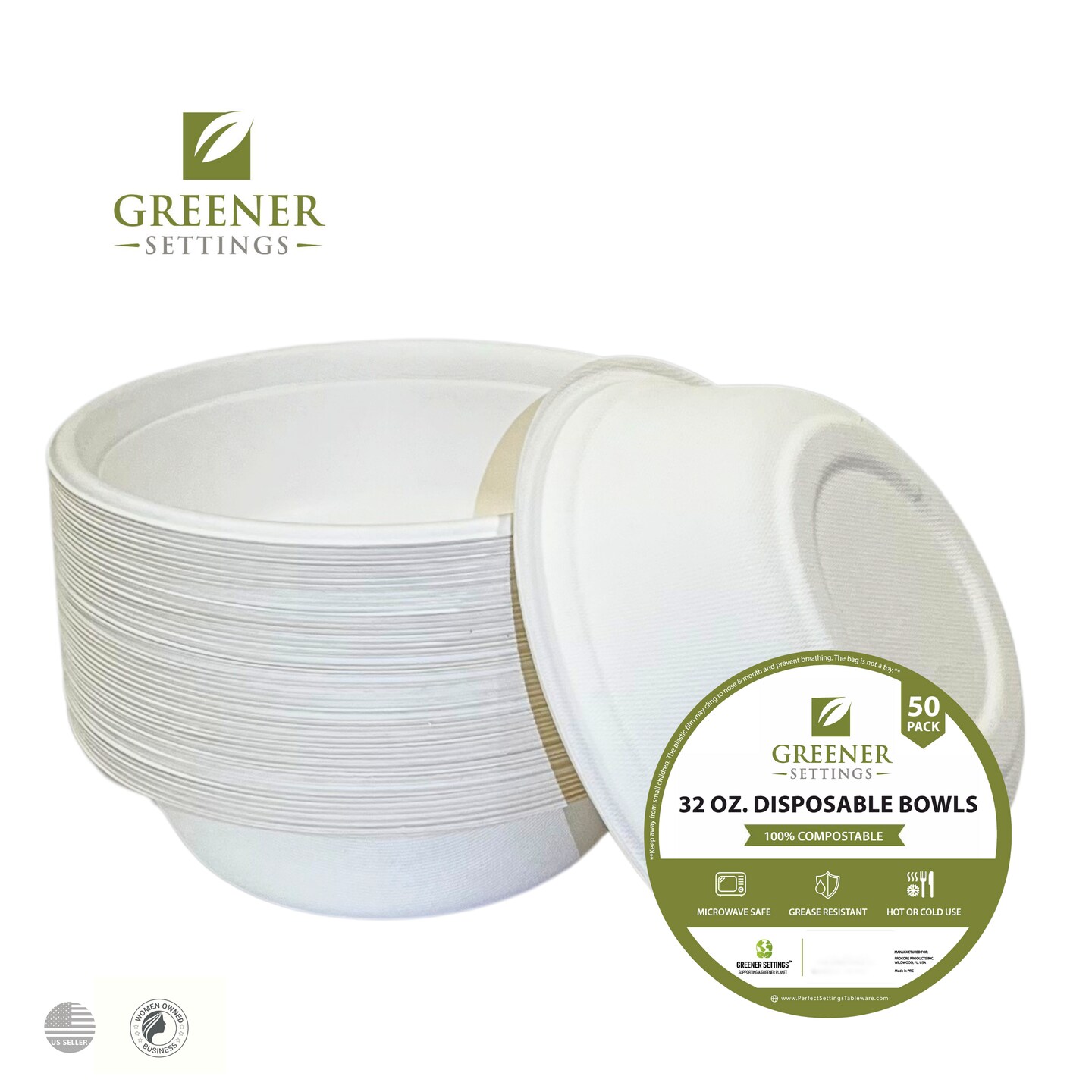 Greener Settings 32 oz Compostable Paper Bowls, 50-Pack &#x2013; Heavy-Duty Bagasse, Biodegradable, Microwavable, Freezer Safe, Leak-Resistant, Eco-Friendly for Hot and Cold Foods