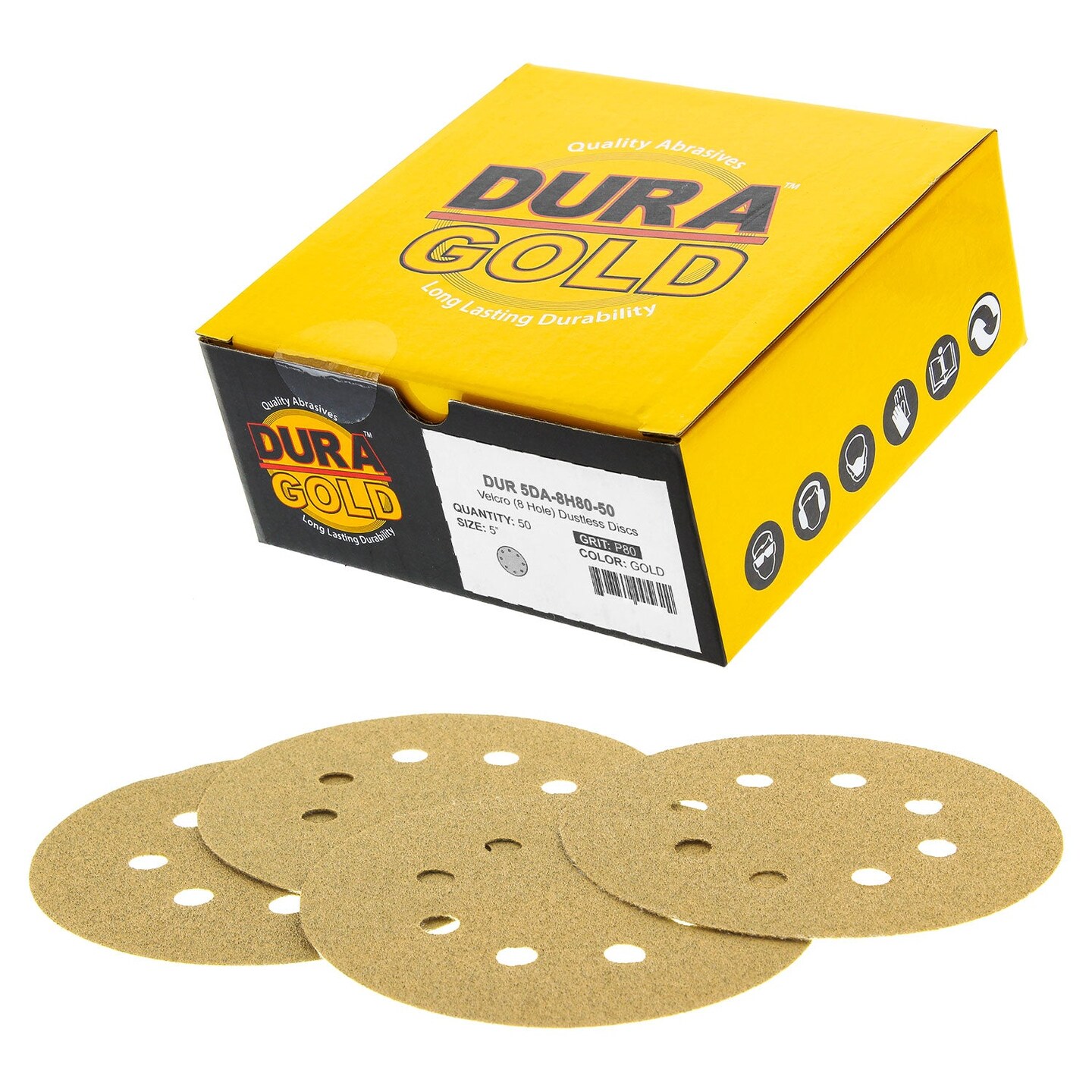 80 Grit - 5&#x22; Gold DA Sanding Discs - 8-Hole Pattern Hook and Loop - Box of 50