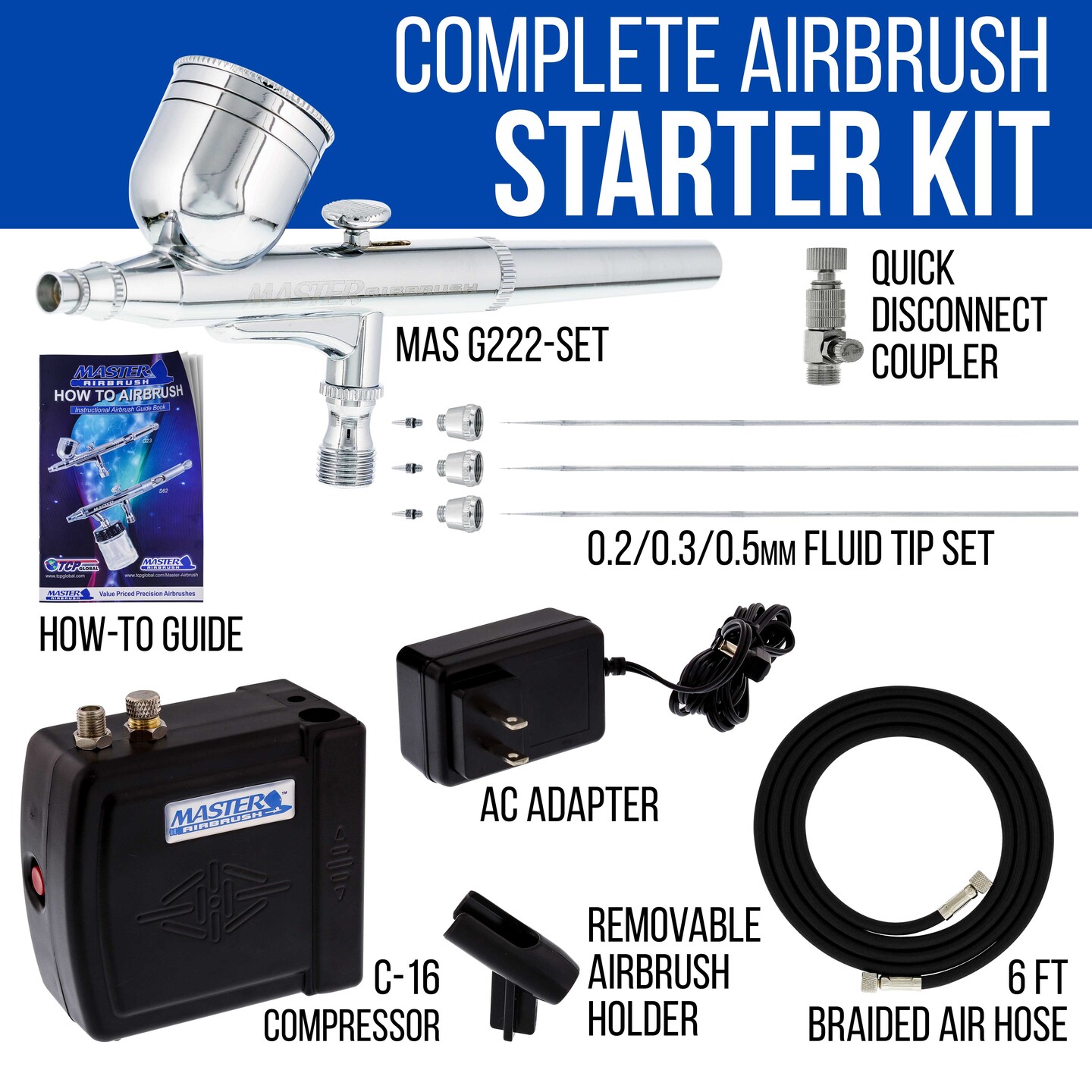 Master Performance G222 Airbrush Kit with Master Black Mini Portable Compressor C16-B &#x26; Air Hose