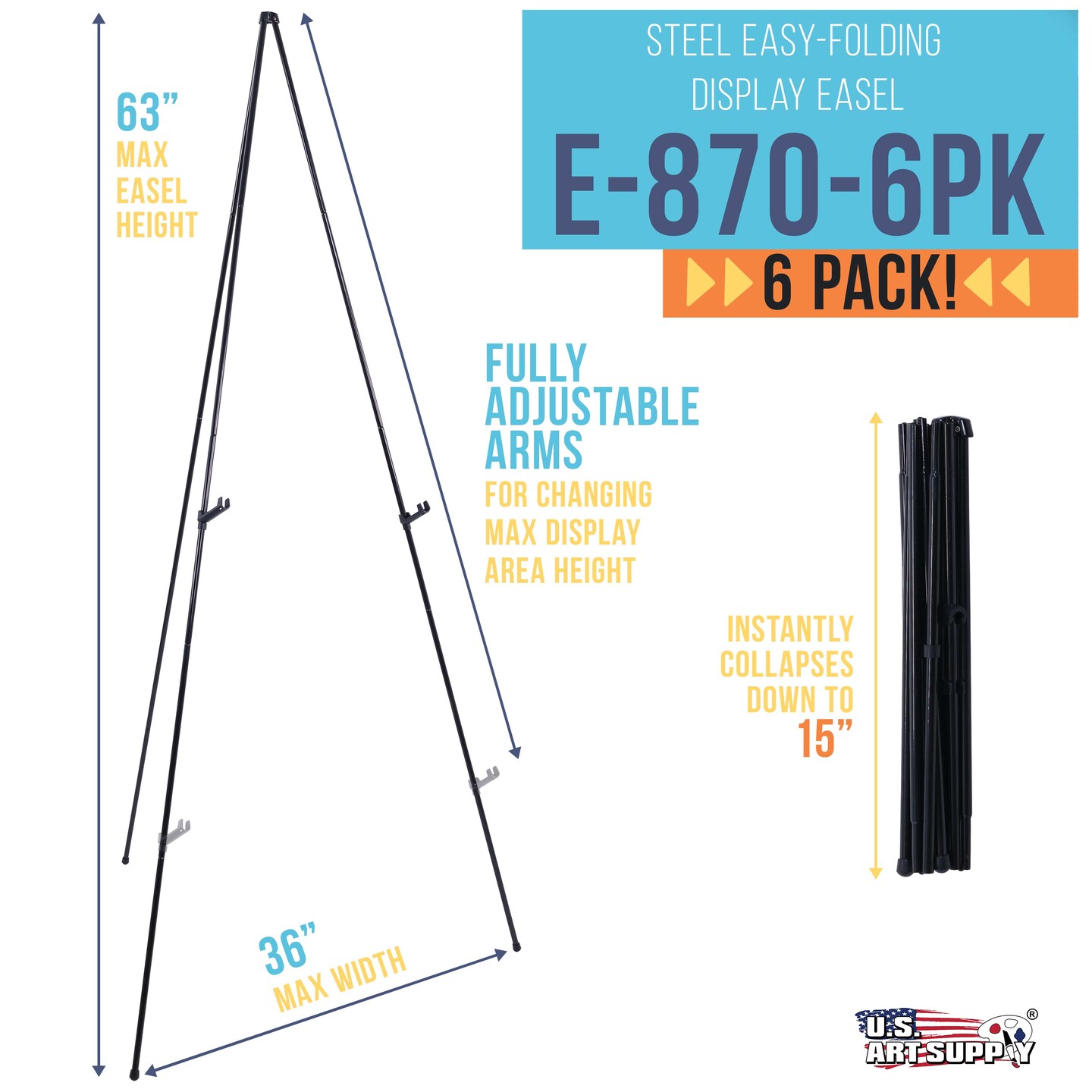 63&#x22; High Metal Folding Display Easel (6 Pack) - Adjustable Height, Instantly Collapses, Holds 5 lbs - Portable Art Easel Stand - For Sign, Poster, Canvas, Painting, Picture Display