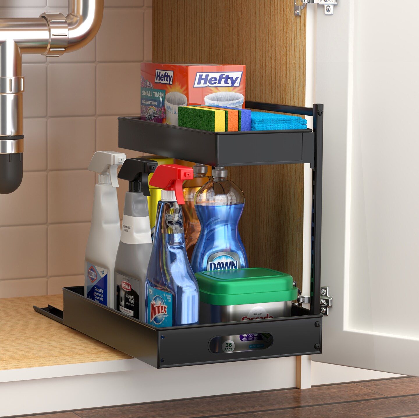 Sorbus Under Sink Organizer with Sliding Tracks and Adhesive Tape - 2-Tier Pull-Out Storage Rack for Kitchen and Bathroom - No Drill Under Sink Organization Storage Cabinet Shelf