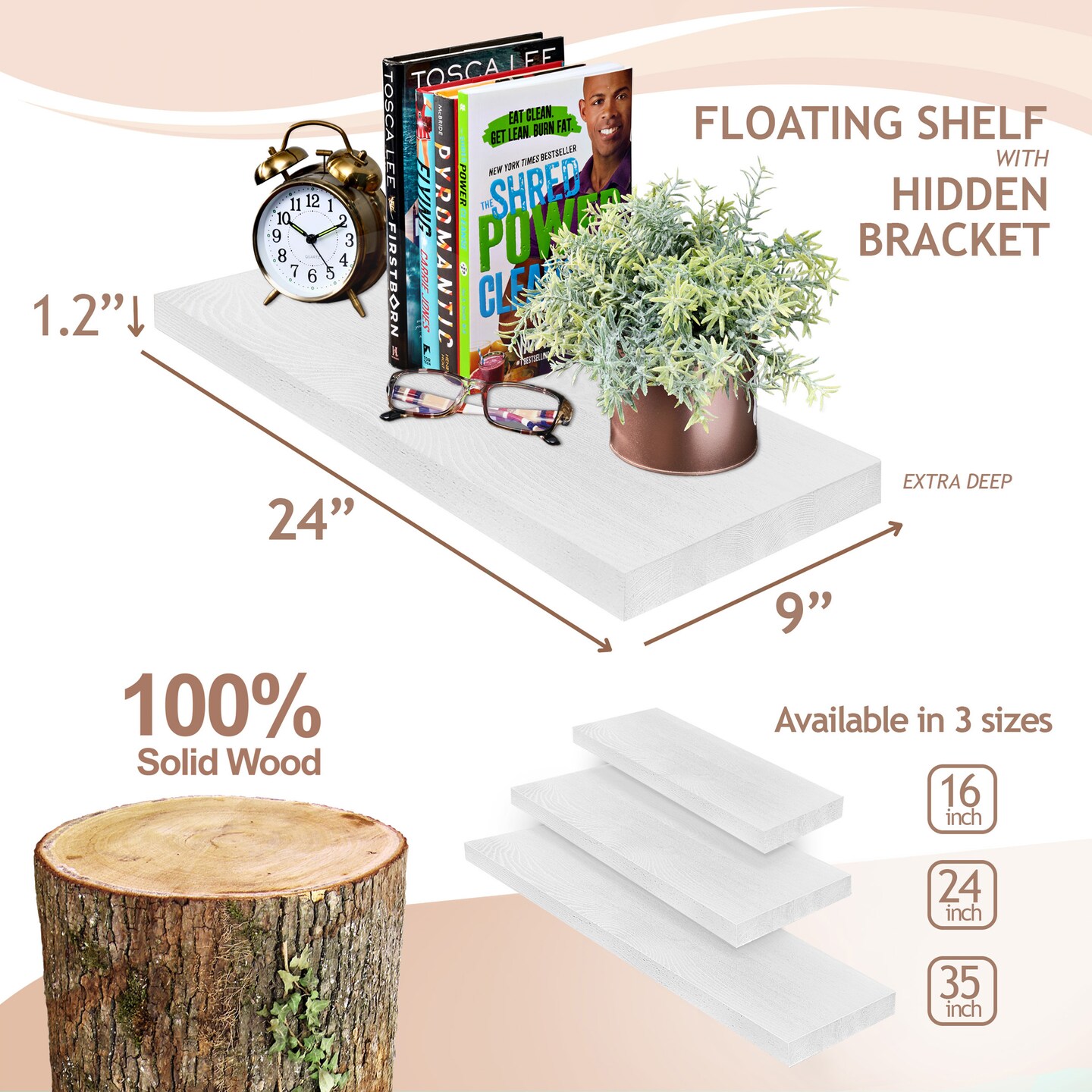 Sorbus Wood Floating Shelves for Wall - 24” Solid Wood Wall Shelves for Bathroom Decor, Books, Bedroom & Living Room - Set of 2 Black Wall Mounted Kitchen Shelves - Durable 100% Premium Solid Pine