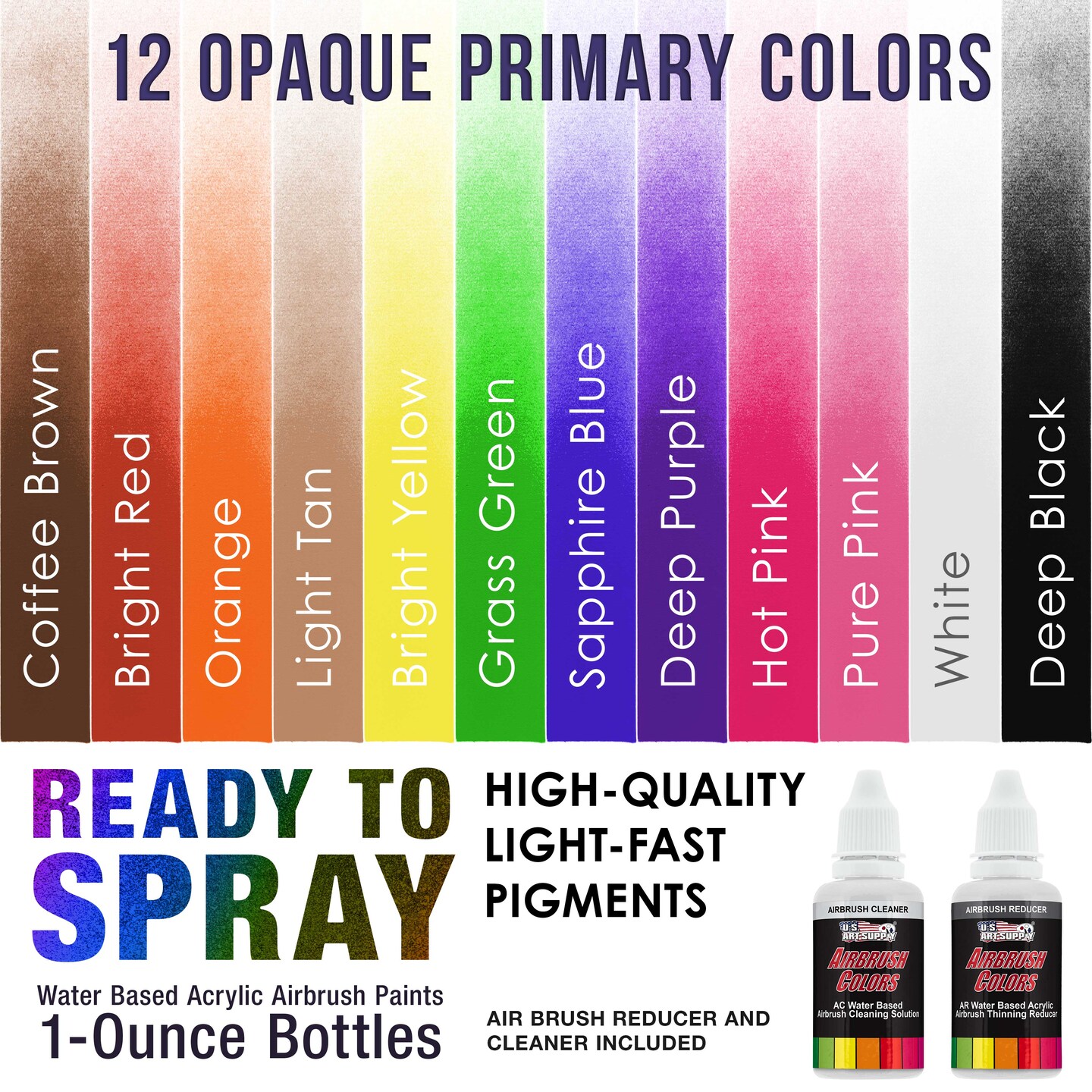 Airbrush Paint Set - 12 Color Primary Opaque with Reducer &#x26; Cleaner, Ready to Spray Air brush Paint, 1-Ounce Water-Based Acrylic for Painting Metal, Plastic Models, Canvas, Wood