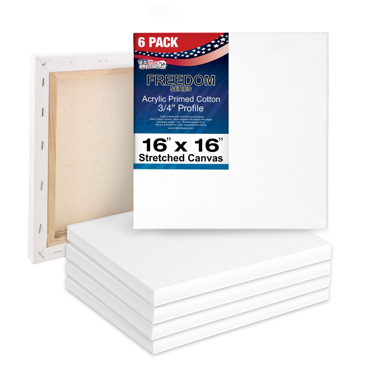 16 x 16 inch Stretched Canvas 12-Ounce Triple Primed, 6-Pack - Professional Artist Quality White Blank 3/4&#x22; Profile, 100% Cotton, Heavy-Weight Gesso